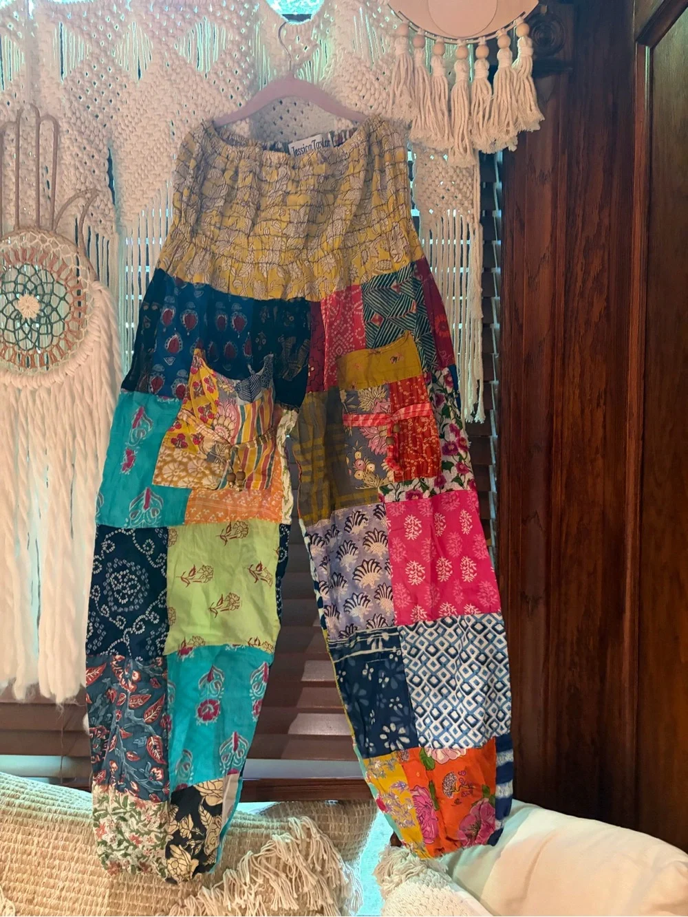 Boho patchwork pants jogger pockets  cotton OS free size Jessica Taylor s m l - Picture 3 of 10